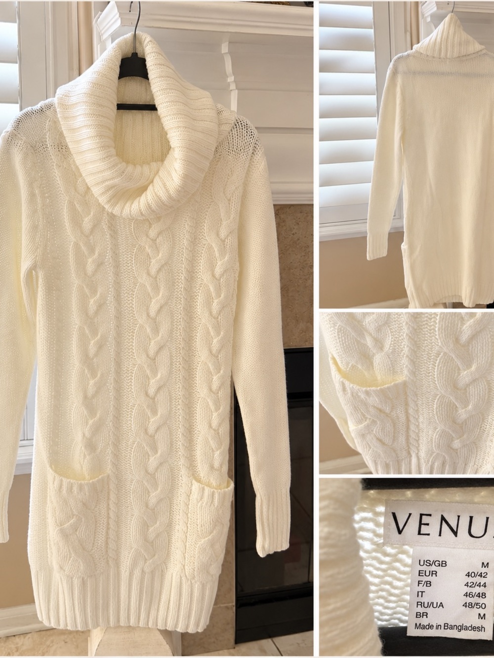 VENUS Ivory Cable-Knit Cowl Neck Sweater Dress